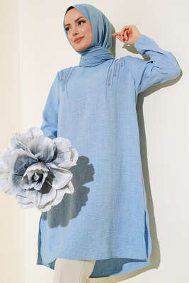 Omuz Pileli Taşlı Tunik Buz Mavisi - Thumbnail