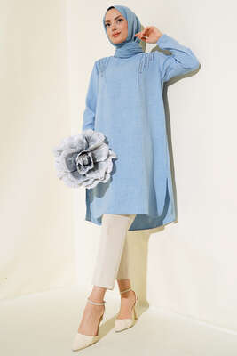 Omuz Pileli Taşlı Tunik Buz Mavisi - Thumbnail
