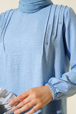 Omuz Pileli Taşlı Tunik Buz Mavisi - Thumbnail