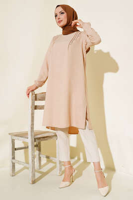 Omuz Pileli Taşlı Tunik Bej - Thumbnail
