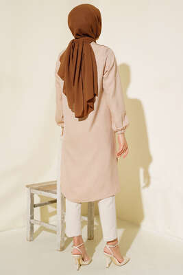 Omuz Pileli Taşlı Tunik Bej - Thumbnail