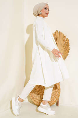 Pazarium - Yandan Dikişli Bağcıklı Hırka Ekru