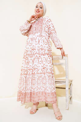 Pazarium - Yarıdan Düğmeli Şifon Elbise Latte