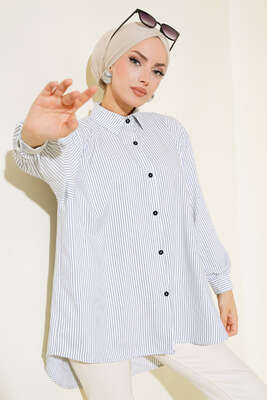 Çizgili Oversize Gömlek İndigo - Thumbnail