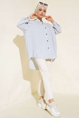 Çizgili Oversize Gömlek İndigo - Thumbnail