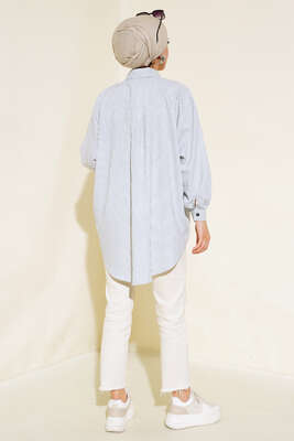 Çizgili Oversize Gömlek İndigo - Thumbnail