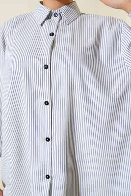 Çizgili Oversize Gömlek İndigo - Thumbnail