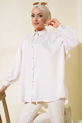 Çizgili Oversize Gömlek Bej - Thumbnail