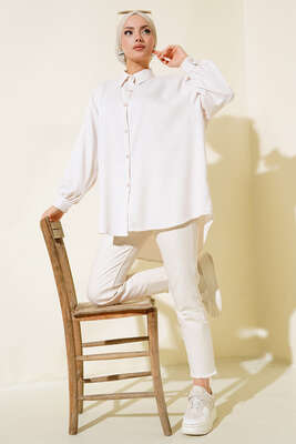 Çizgili Oversize Gömlek Bej - Thumbnail