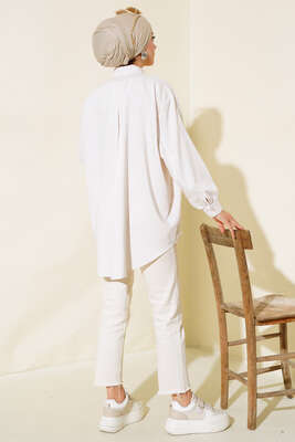 Çizgili Oversize Gömlek Bej - Thumbnail