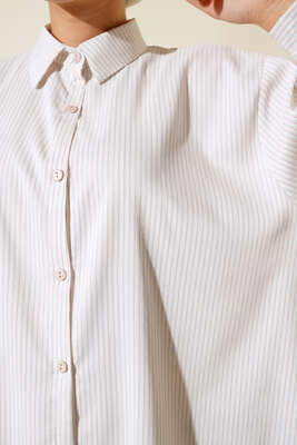 Çizgili Oversize Gömlek Bej - Thumbnail