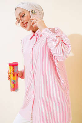 Pazarium - Önü Taşlı Çizgili Gömlek Pudra