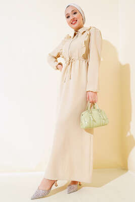 Pazarium - Önü Fırfırlı Fermuarlı Elbise Bej