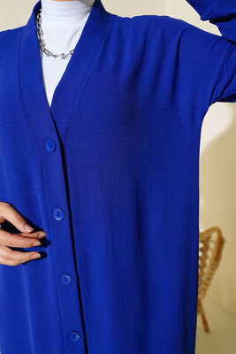 Boydan Düğmeli Ayrobin Hırka Saks - Thumbnail