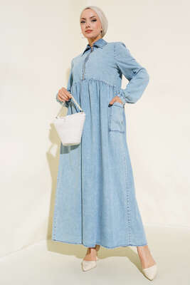 Pazarium - Yarım Fermuarlı Etek Cepli Kot Elbise Kot Mavisi