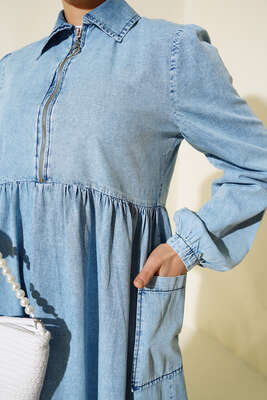 Yarım Fermuarlı Etek Cepli Kot Elbise Kot Mavisi - Thumbnail