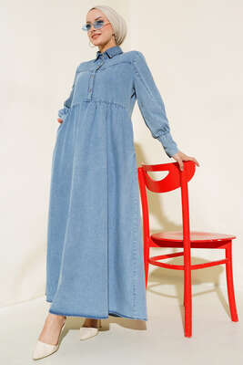 Önü Yarım Düğmeli Kot Elbise Kot Mavisi - Thumbnail