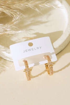 Taş Süslemeli Halka Küpe Gold - Thumbnail