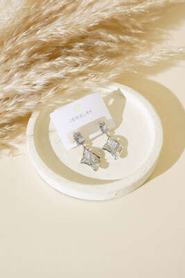 Dörtgen Baget Taşlı Küpe Gümüş - Thumbnail