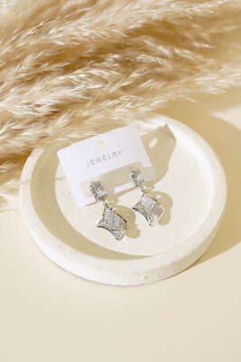 Dörtgen Baget Taşlı Küpe Gümüş - Thumbnail