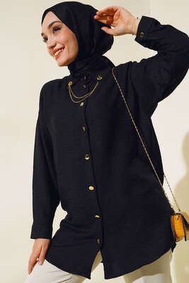 Pazarium - Yakası Kolyeli Gömlek Siyah