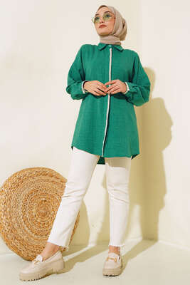 Nakış İşleme Detaylı Gömlek Yeşil - Thumbnail