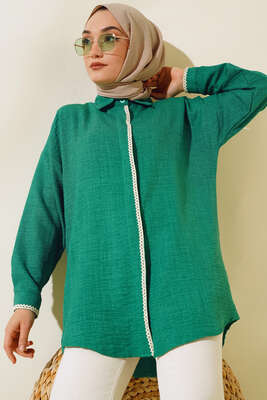 Nakış İşleme Detaylı Gömlek Yeşil - Thumbnail