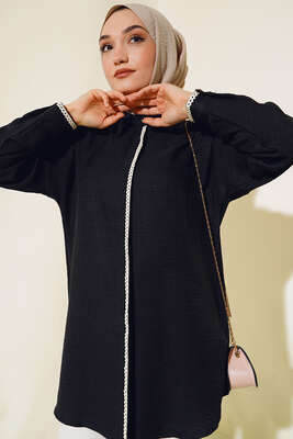 Nakış İşleme Detaylı Gömlek Siyah - Thumbnail