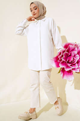 Nakış İşleme Detaylı Gömlek Beyaz - Thumbnail
