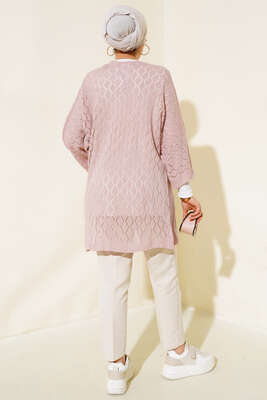 Baklava Desen Yarasa Kol Hırka Pudra - Thumbnail