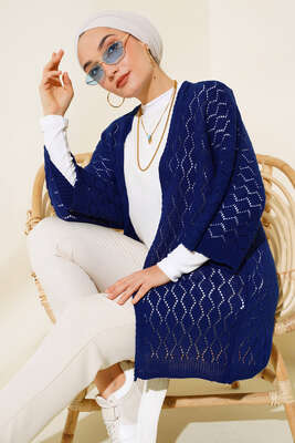 Baklava Desen Yarasa Kol Hırka Lacivert - Thumbnail