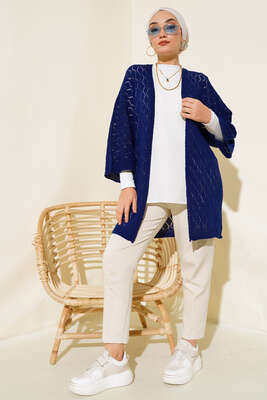 Baklava Desen Yarasa Kol Hırka Lacivert - Thumbnail