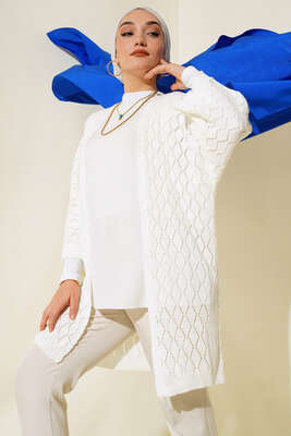 Baklava Desen Yarasa Kol Hırka Ekru - Thumbnail