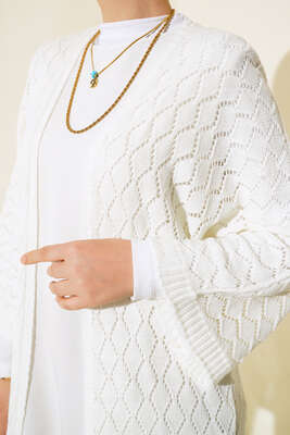 Baklava Desen Yarasa Kol Hırka Ekru - Thumbnail