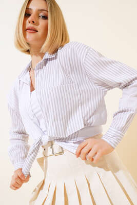 Pazarium - Çift Renkli Çizgili Gömlek Bej