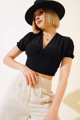 Pazarium - V Yaka Likralı Crop Siyah