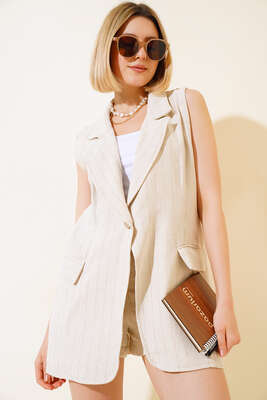 Çizgili Keten Yelekli İkili Takım Bej - Thumbnail