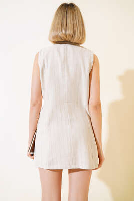 Çizgili Keten Yelekli İkili Takım Bej - Thumbnail