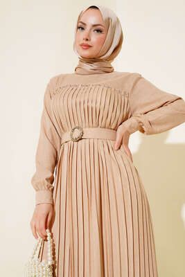 İnci Detaylı Pileli Elbise Latte - Thumbnail