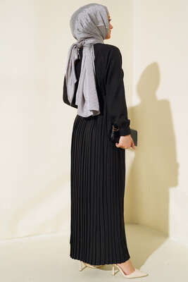 İnci Detaylı Pileli Elbise Siyah - Thumbnail