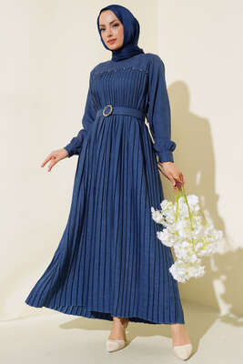 İnci Detaylı Pileli Elbise İndigo - Thumbnail