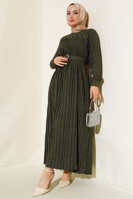 İnci Detaylı Pileli Elbise Haki - Thumbnail