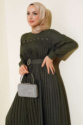 İnci Detaylı Pileli Elbise Haki - Thumbnail