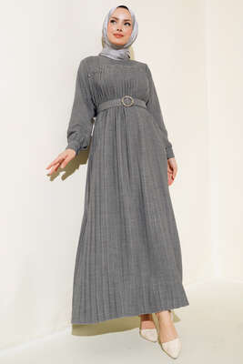 İnci Detaylı Pileli Elbise Gri - Thumbnail