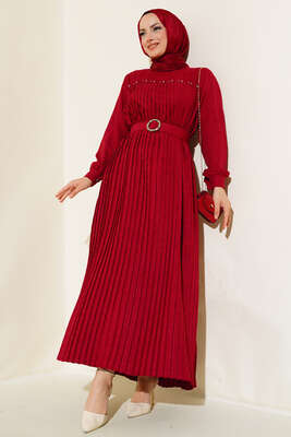 İnci Detaylı Pileli Elbise Burgonya - Thumbnail