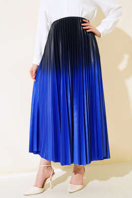 İki Renkli Pileli Etek Saks - Thumbnail