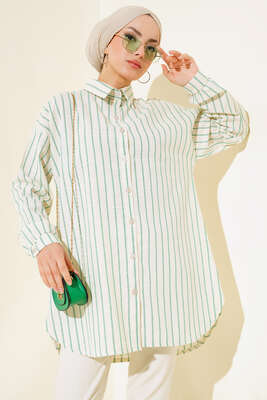 Simli Çizgili Oversıze Gömlek Yeşil - Thumbnail