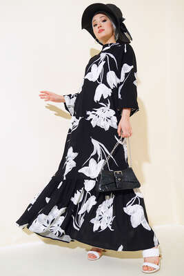 Çicek Desenli Kat Elbise Siyah - Thumbnail