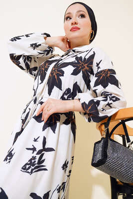 Çiçek Desenli Boydan Gizli Elbise Ekru - Thumbnail