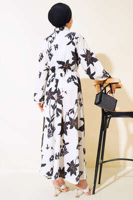 Çiçek Desenli Boydan Gizli Elbise Ekru - Thumbnail